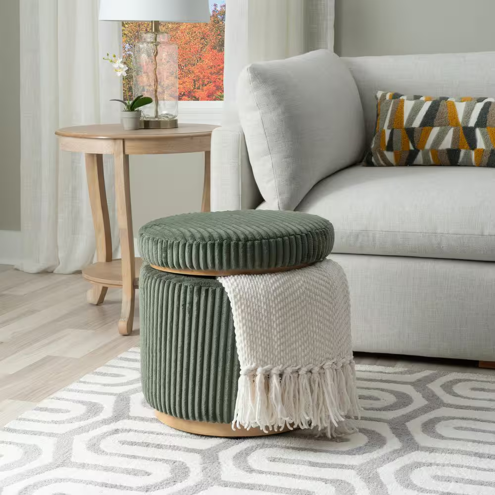 Savoy Corduroy Green Polyester round Storage Accent Small Ottoman