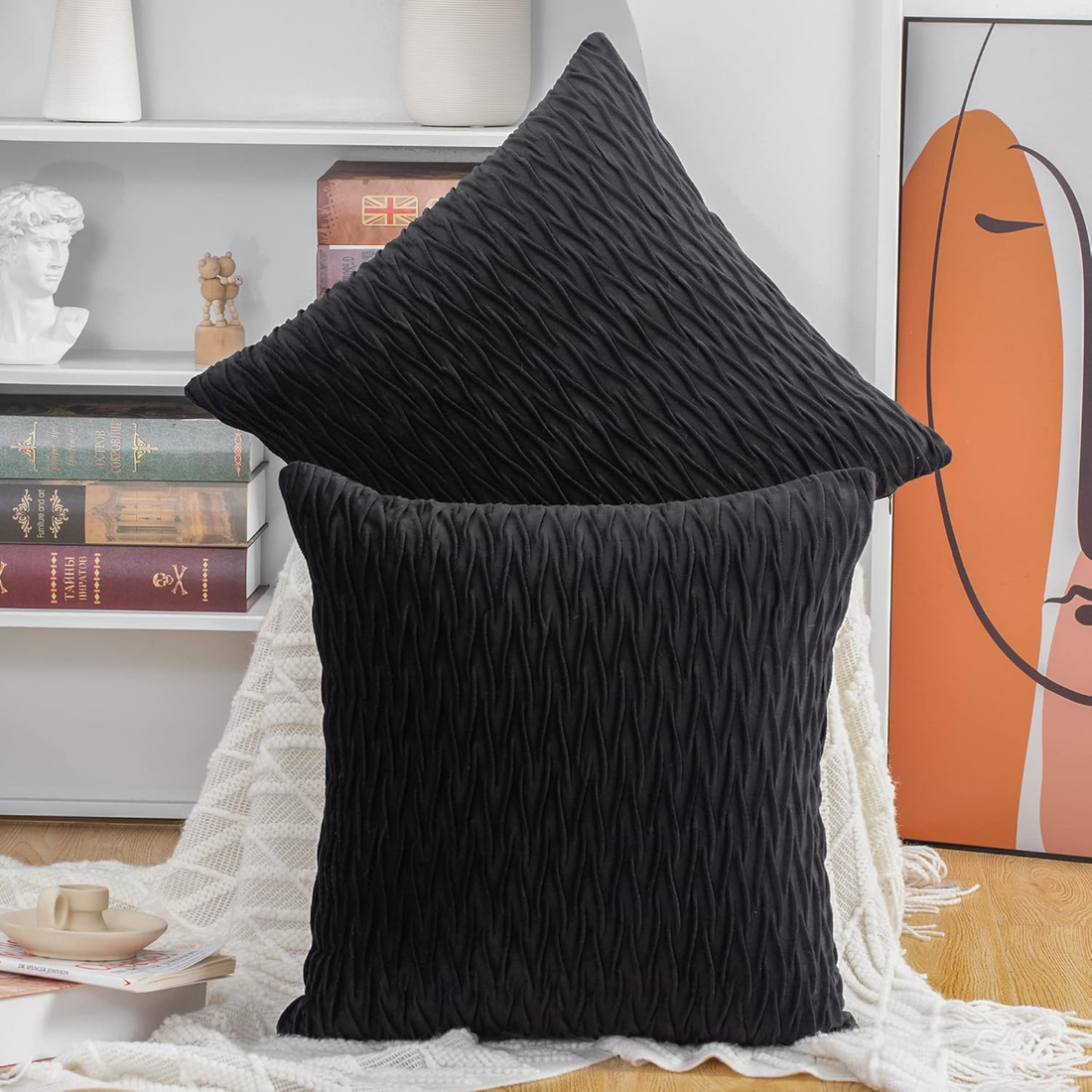 Set of 2 Super Soft Velvet Decorative Throw Pillow Covers 16X16 Inch Black Squar