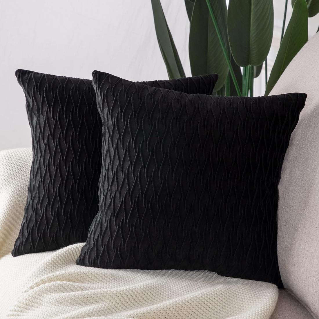 Set of 2 Super Soft Velvet Decorative Throw Pillow Covers 16X16 Inch Black Squar