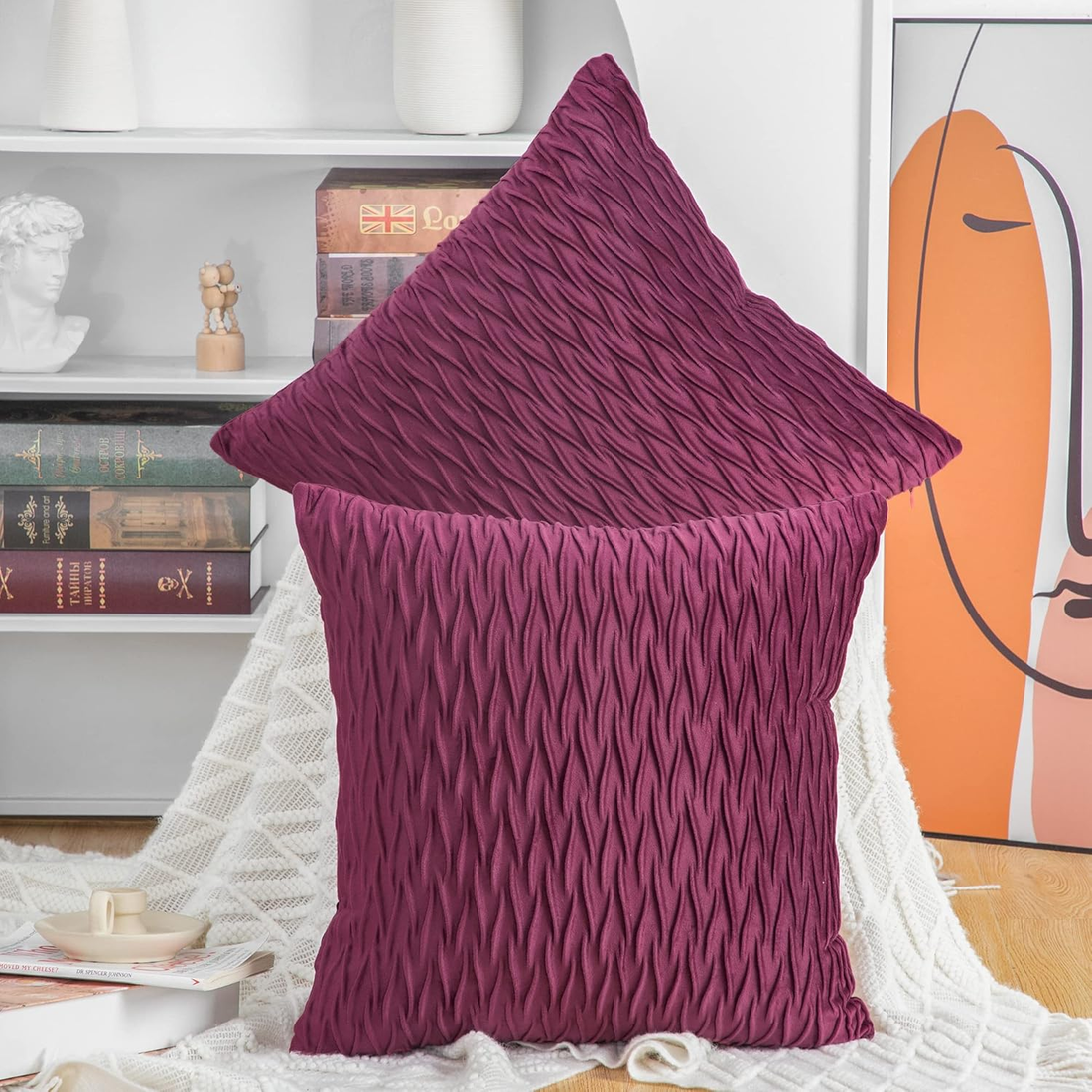 Set of 2 Super Soft Velvet Decorative Throw Pillow Covers 24X24 Inch Burgundy Sq