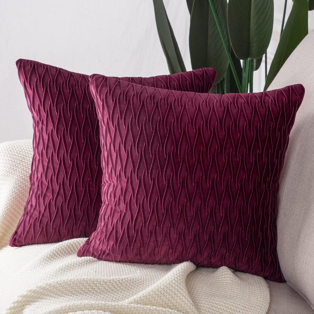 Set of 2 Super Soft Velvet Decorative Throw Pillow Covers 24X24 Inch Burgundy Sq