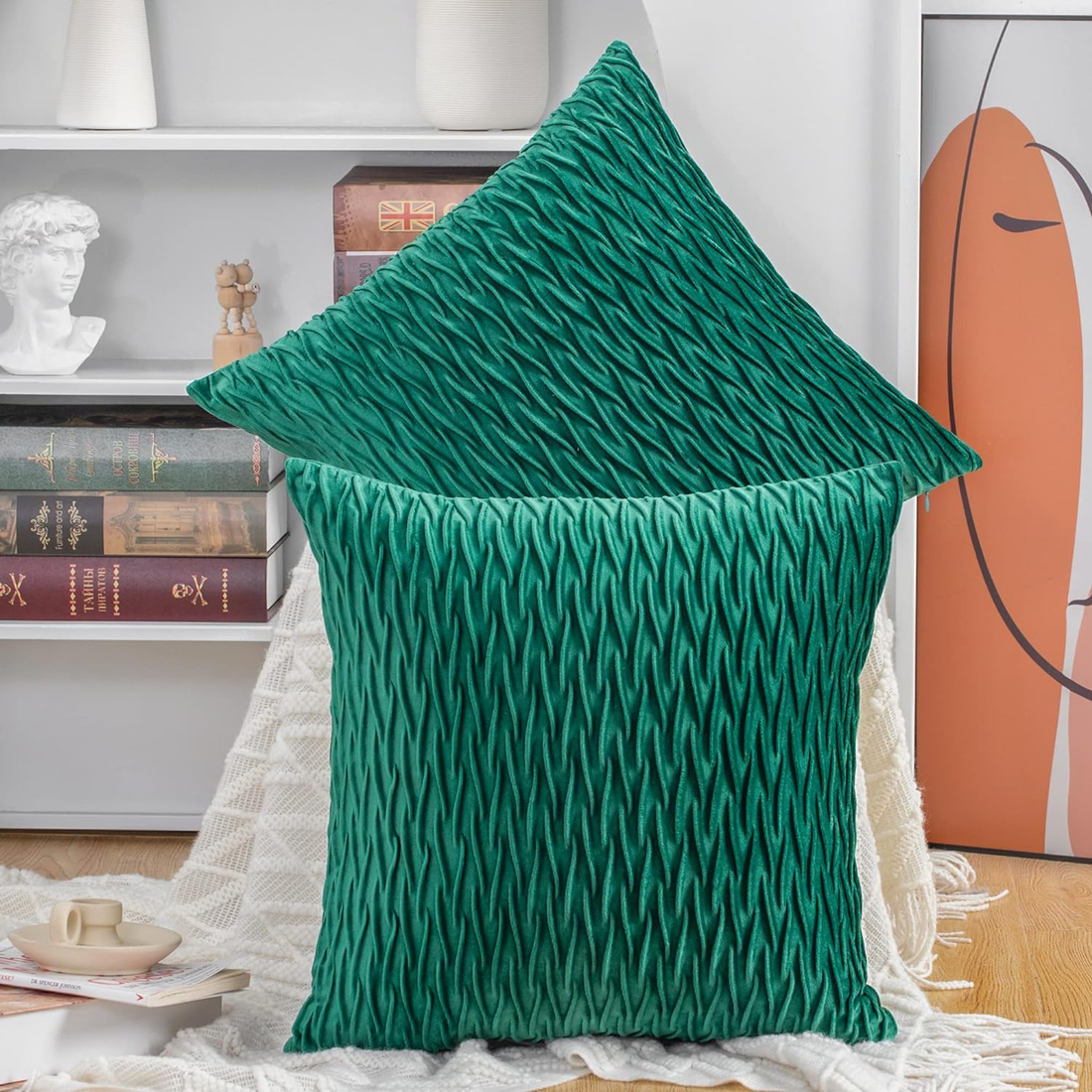 Set of 2 Super Soft Velvet Decorative Throw Pillow Covers 24X24 Inch Green Squar