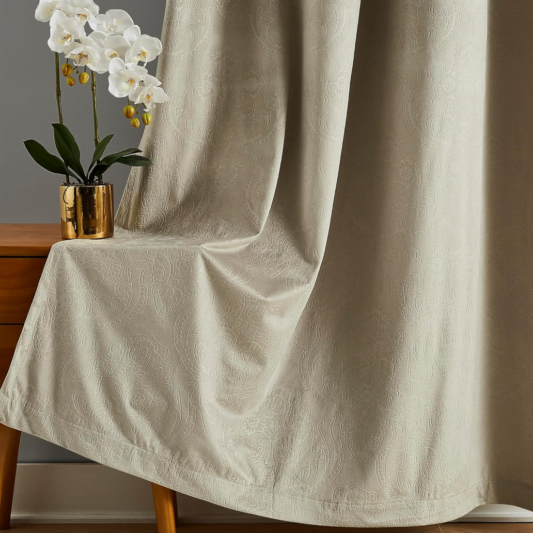 Soft Beige Velvet Damask Blackout Curtains, 84&quot; Length