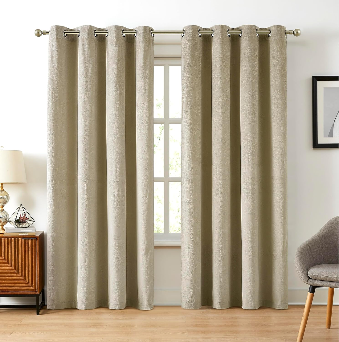 Soft Beige Velvet Damask Blackout Curtains, 84&quot; Length