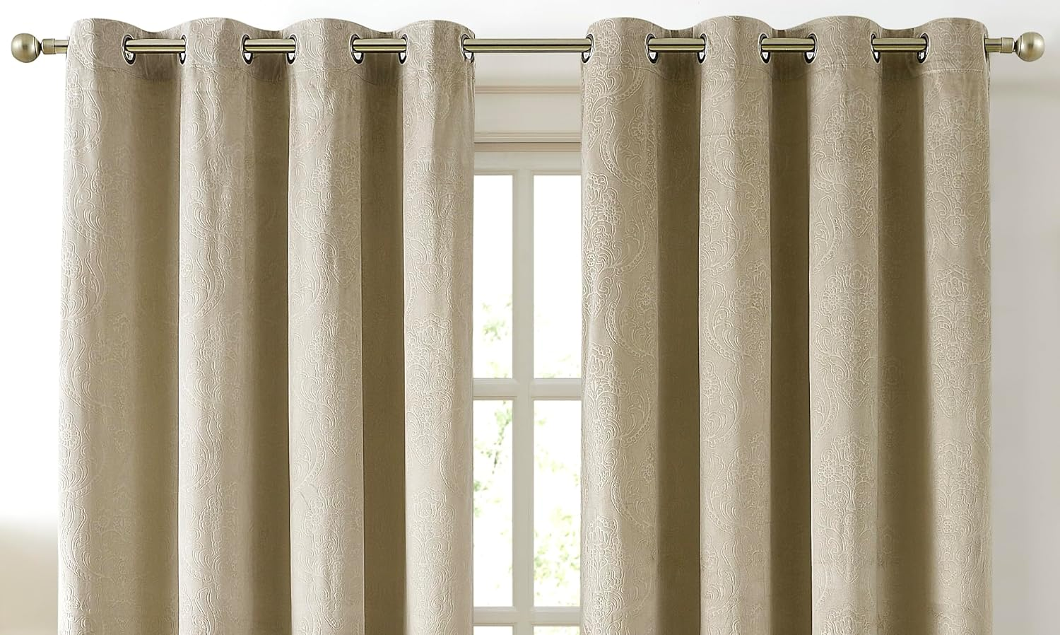 Soft Beige Velvet Damask Blackout Curtains, 84&quot; Length