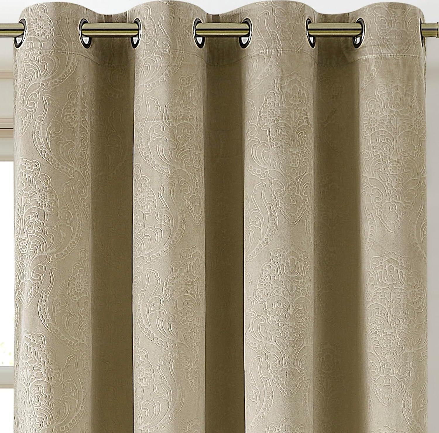 Soft Beige Velvet Damask Blackout Curtains, 84&quot; Length