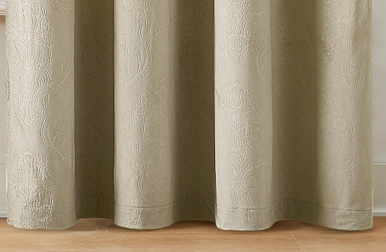 Soft Beige Velvet Damask Blackout Curtains, 84&quot; Length