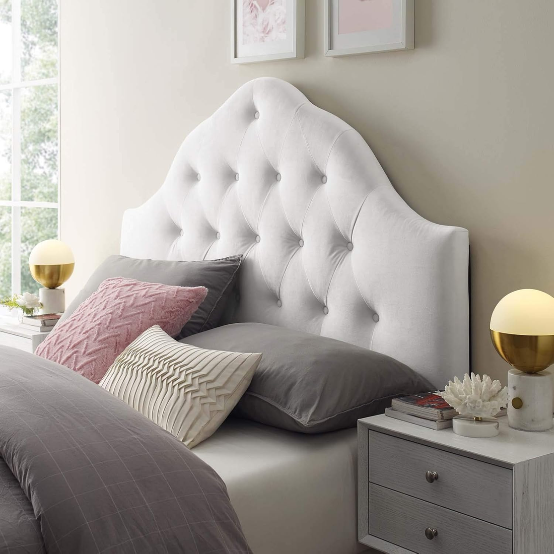 Sovereign Queen Velvet Headboard with Diamond Tufting in White