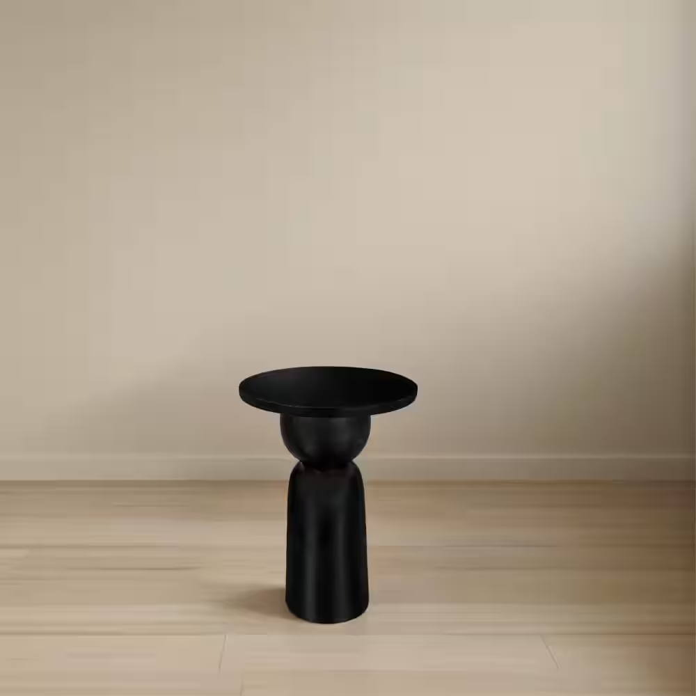 Tia 12 In. Matte Black round Mango Wood Side End Table with Turned Pedestal Base