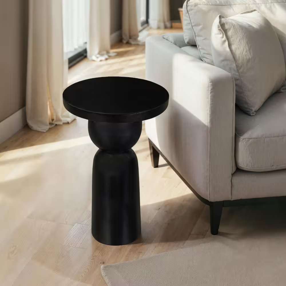 Tia 12 In. Matte Black round Mango Wood Side End Table with Turned Pedestal Base