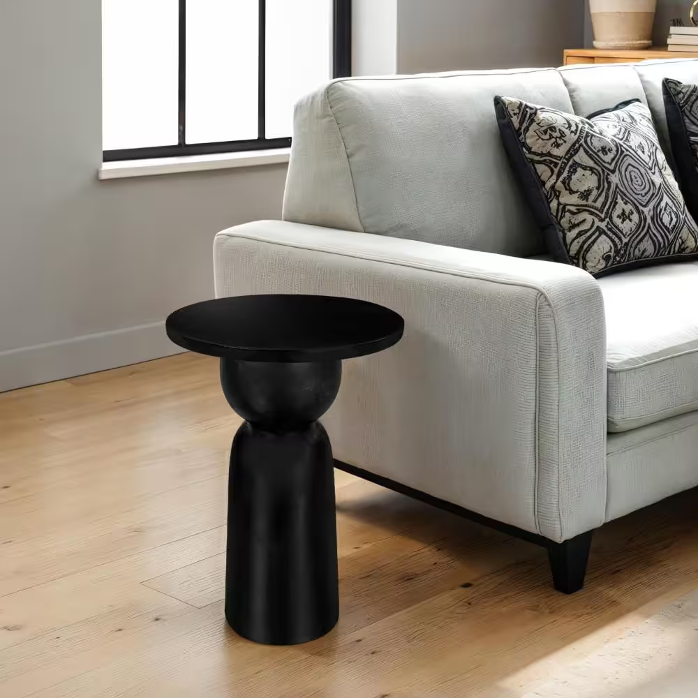 Tia 12 In. Matte Black round Mango Wood Side End Table with Turned Pedestal Base