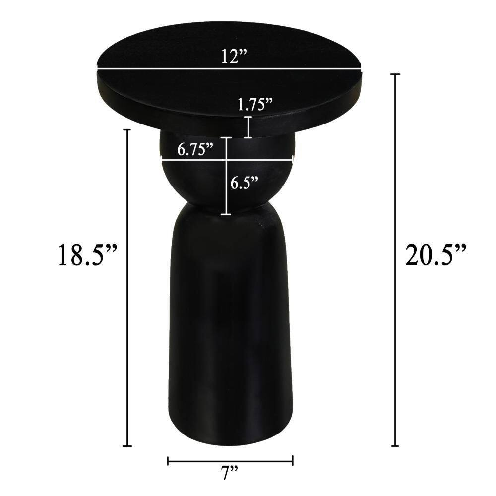 Tia 12 In. Matte Black round Mango Wood Side End Table with Turned Pedestal Base