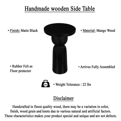 Tia 12 In. Matte Black round Mango Wood Side End Table with Turned Pedestal Base