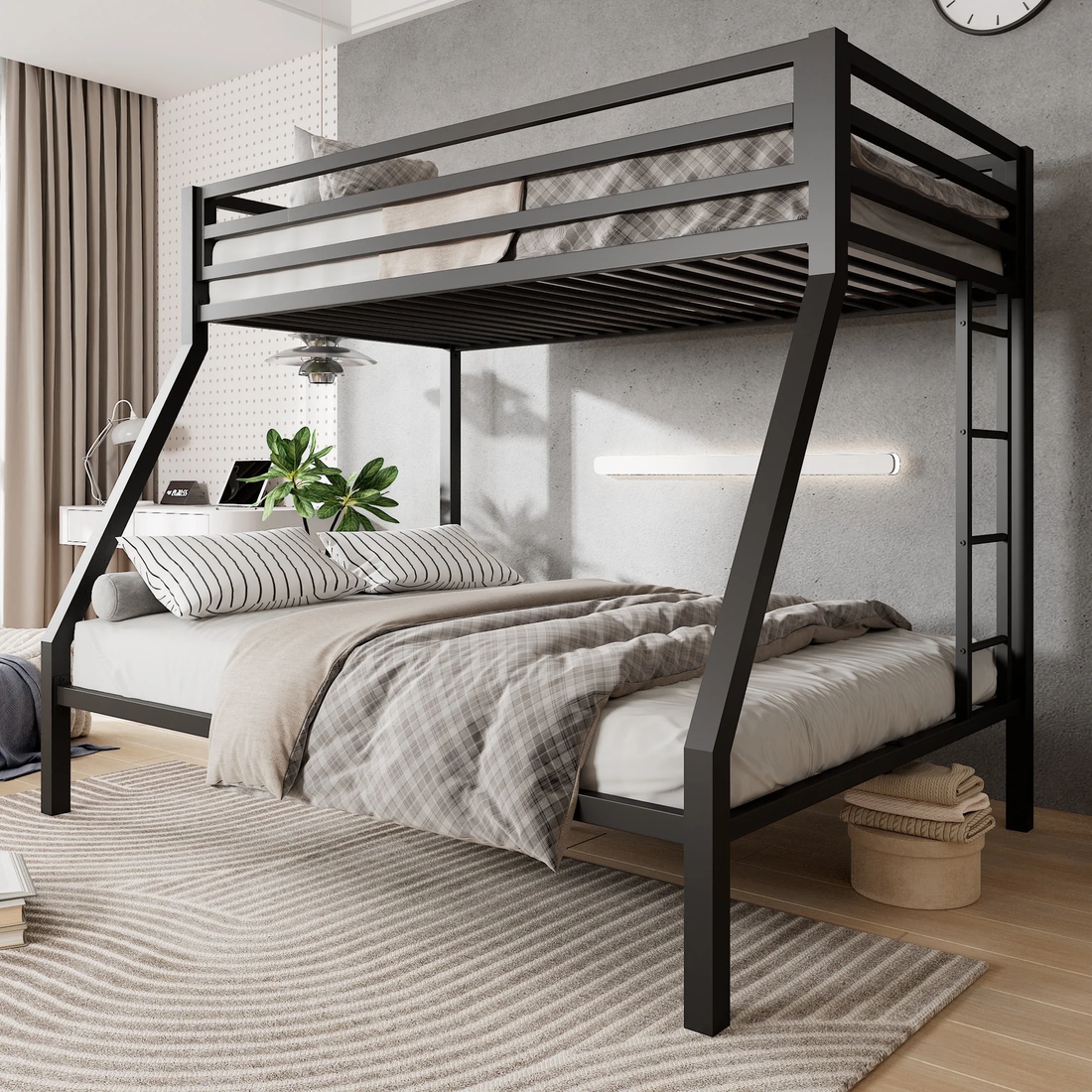 Twin over Full Size Metal Bunk Bed with Removable Ladder, Full-Length Guardrail,