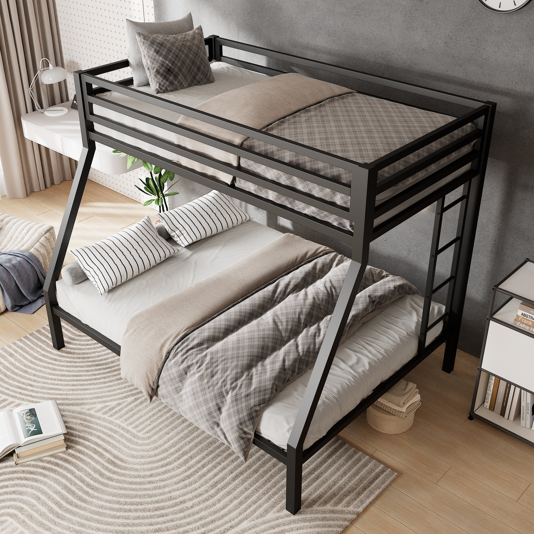 Twin over Full Size Metal Bunk Bed with Removable Ladder, Full-Length Guardrail,