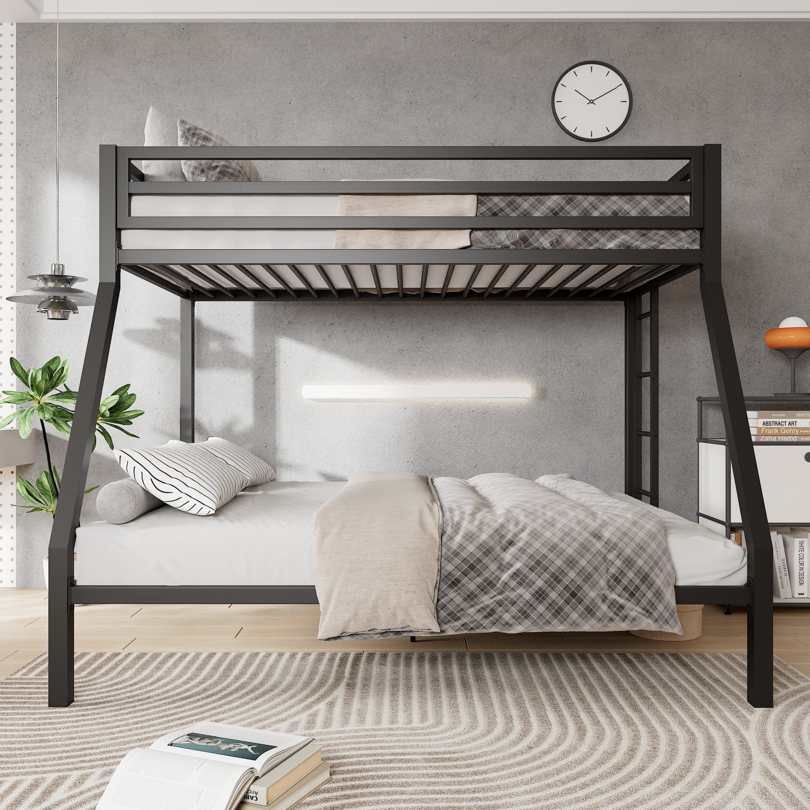 Twin over Full Size Metal Bunk Bed with Removable Ladder, Full-Length Guardrail,