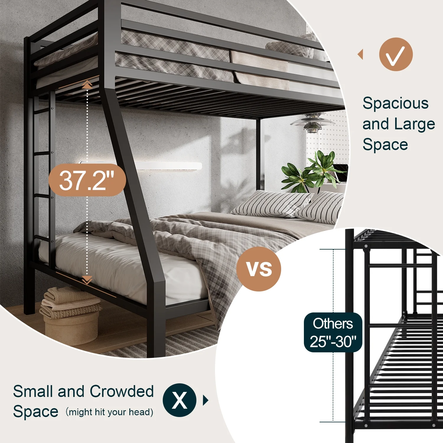 Twin over Full Size Metal Bunk Bed with Removable Ladder, Full-Length Guardrail,
