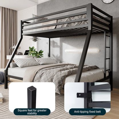 Twin over Full Size Metal Bunk Bed with Removable Ladder, Full-Length Guardrail,