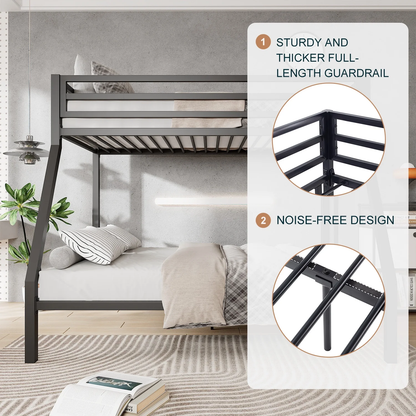 Twin over Full Size Metal Bunk Bed with Removable Ladder, Full-Length Guardrail,