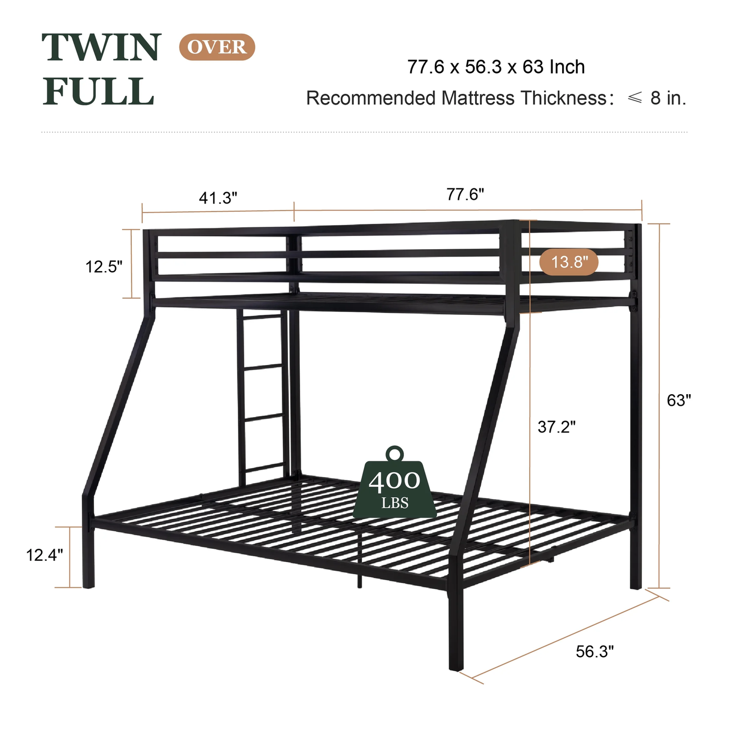Twin over Full Size Metal Bunk Bed with Removable Ladder, Full-Length Guardrail,