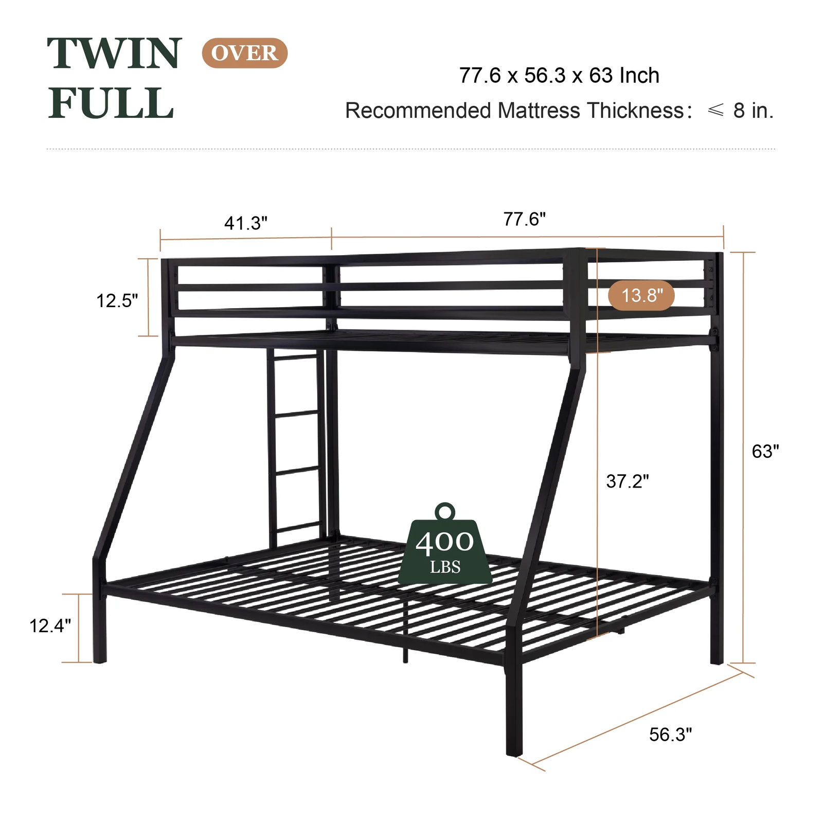 Twin over Full Size Metal Bunk Bed with Removable Ladder, Full-Length Guardrail,
