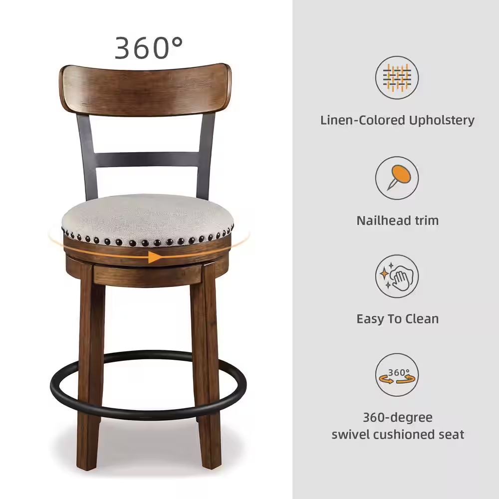 Valebeck 24.5 In. Brown Wood Standard Back Counter Height Bar Stool