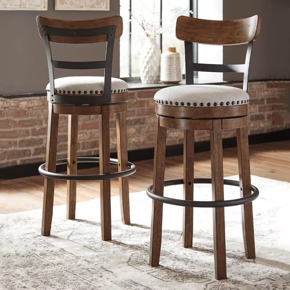 Valebeck 30.5 In. Brown High Back Wood Bar Height Stool with Polyester Upholster