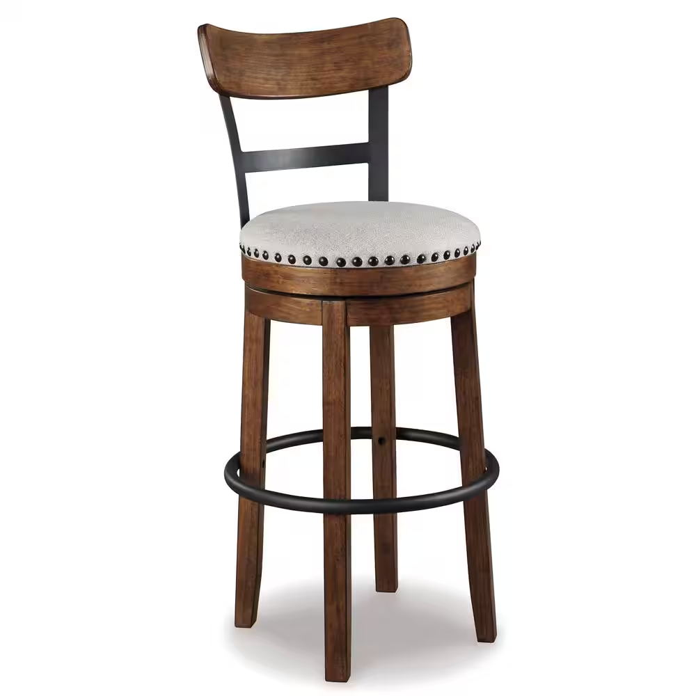 Valebeck 30.5 In. Brown High Back Wood Bar Height Stool with Polyester Upholster