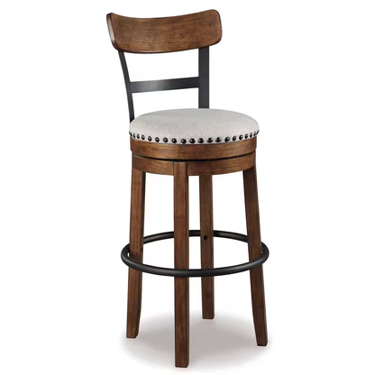 Valebeck 30.5 In. Brown High Back Wood Bar Height Stool with Polyester Upholster