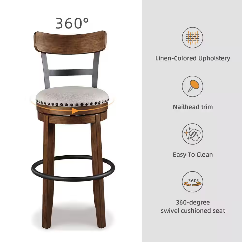 Valebeck 30.5 In. Brown High Back Wood Bar Height Stool with Polyester Upholster