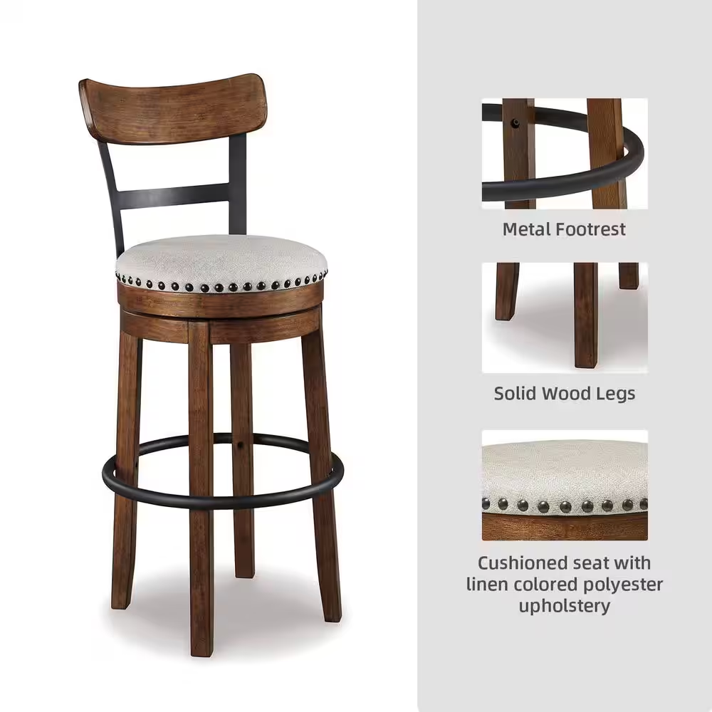 Valebeck 30.5 In. Brown High Back Wood Bar Height Stool with Polyester Upholster