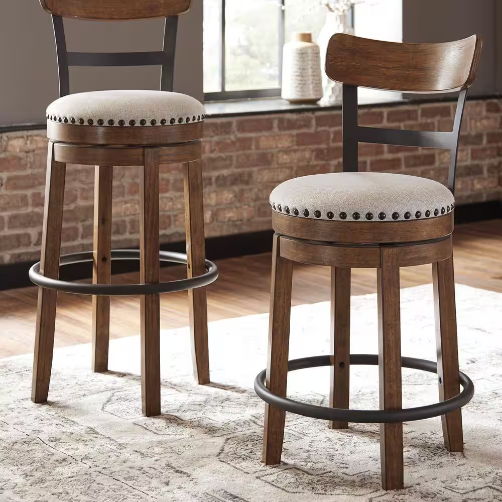 Valebeck 30.5 In. Brown High Back Wood Bar Height Stool with Polyester Upholster
