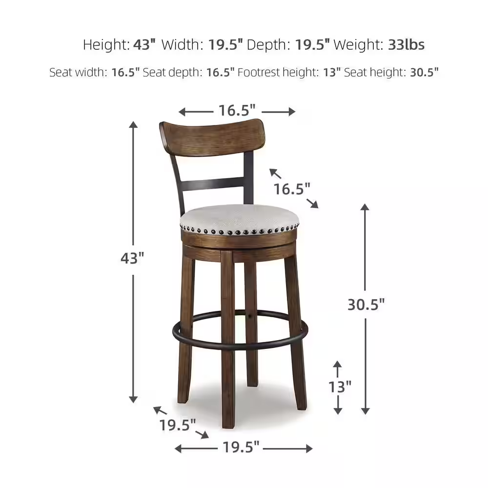 Valebeck 30.5 In. Brown High Back Wood Bar Height Stool with Polyester Upholster