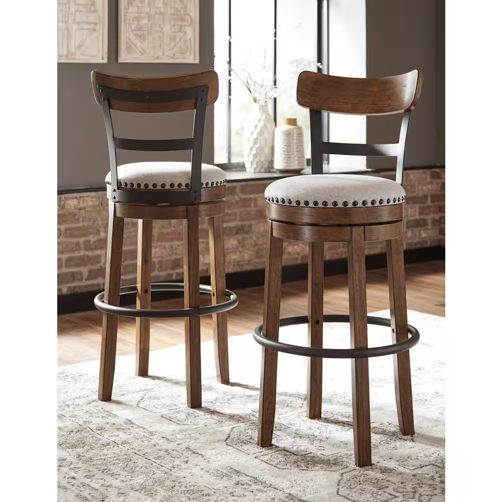 Valebeck 30.5 In. Brown High Back Wood Bar Height Stool with Polyester Upholster