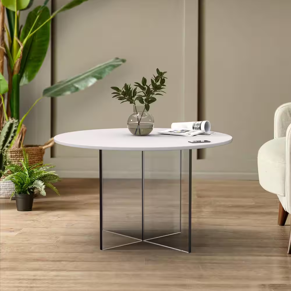 Valore 28 In. White round MDF Coffee Table with Acrylic Cross Legs