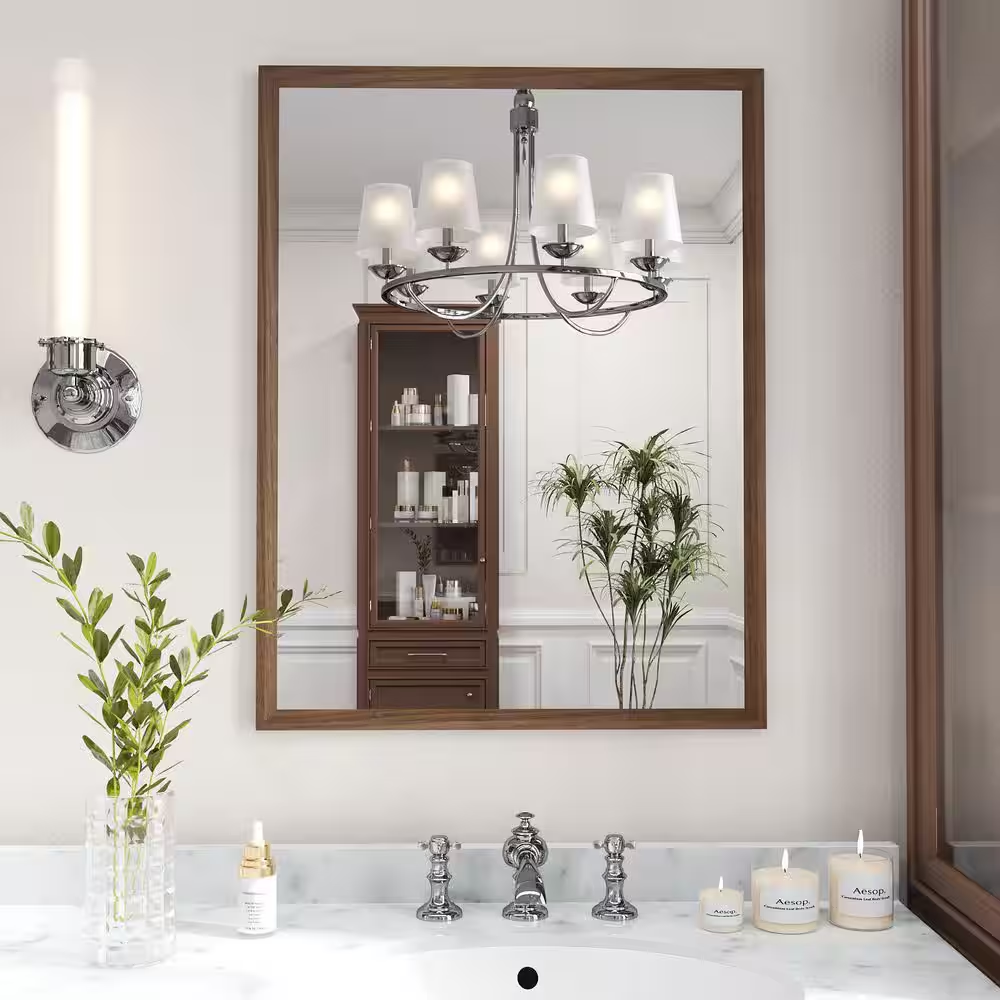Walnut 22 In. W X 30 In. H Rectangle Farmhouse Wall Mounted Framed Mirror, Anti-