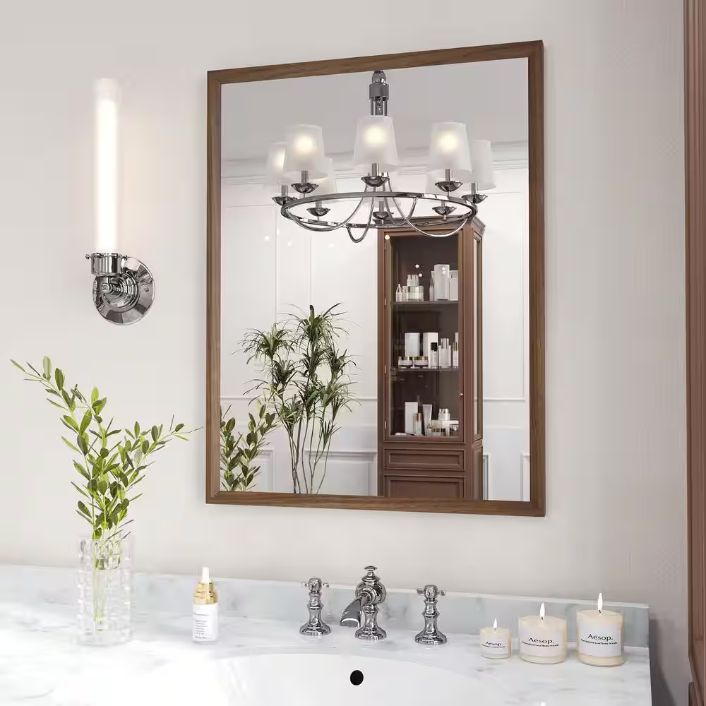 Walnut 22 In. W X 30 In. H Rectangle Farmhouse Wall Mounted Framed Mirror, Anti-