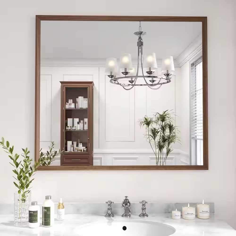 Walnut 40 In. W X 36 In. H Anti-Rust Farmhouse Rectangle Wall Mounted Framed Mir