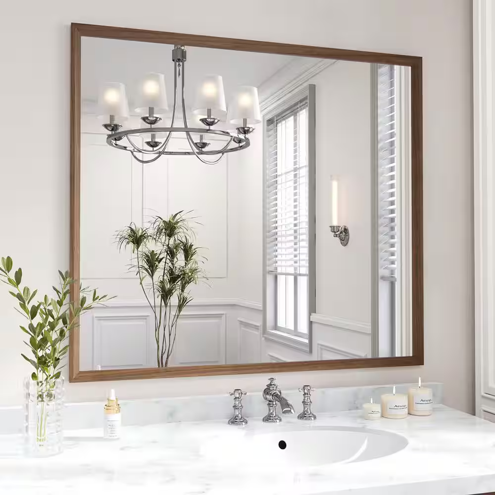 Walnut 40 In. W X 36 In. H Anti-Rust Farmhouse Rectangle Wall Mounted Framed Mir