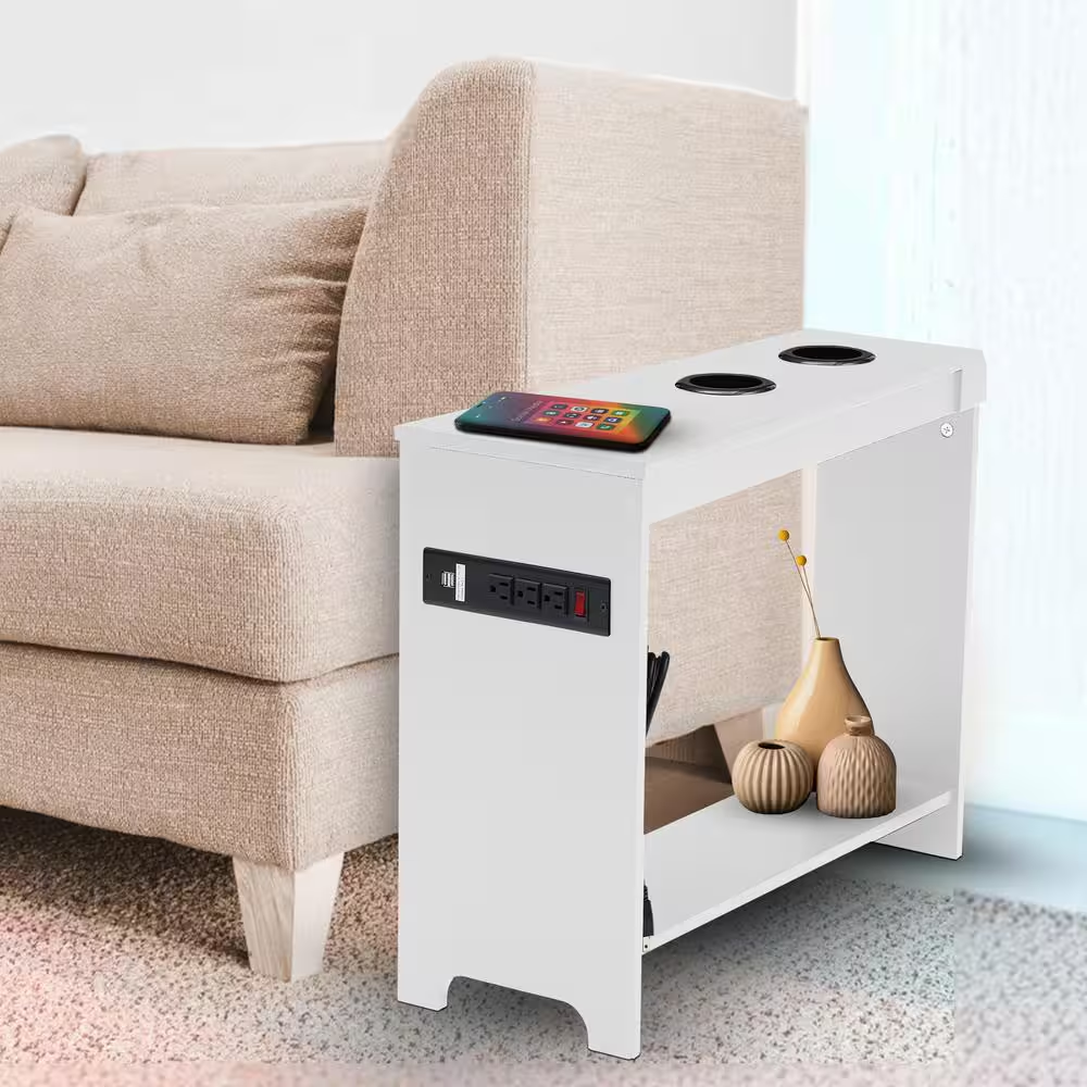 White End Table with Charging Station, USB Ports &amp; Outlets, Narrow Side Table, C