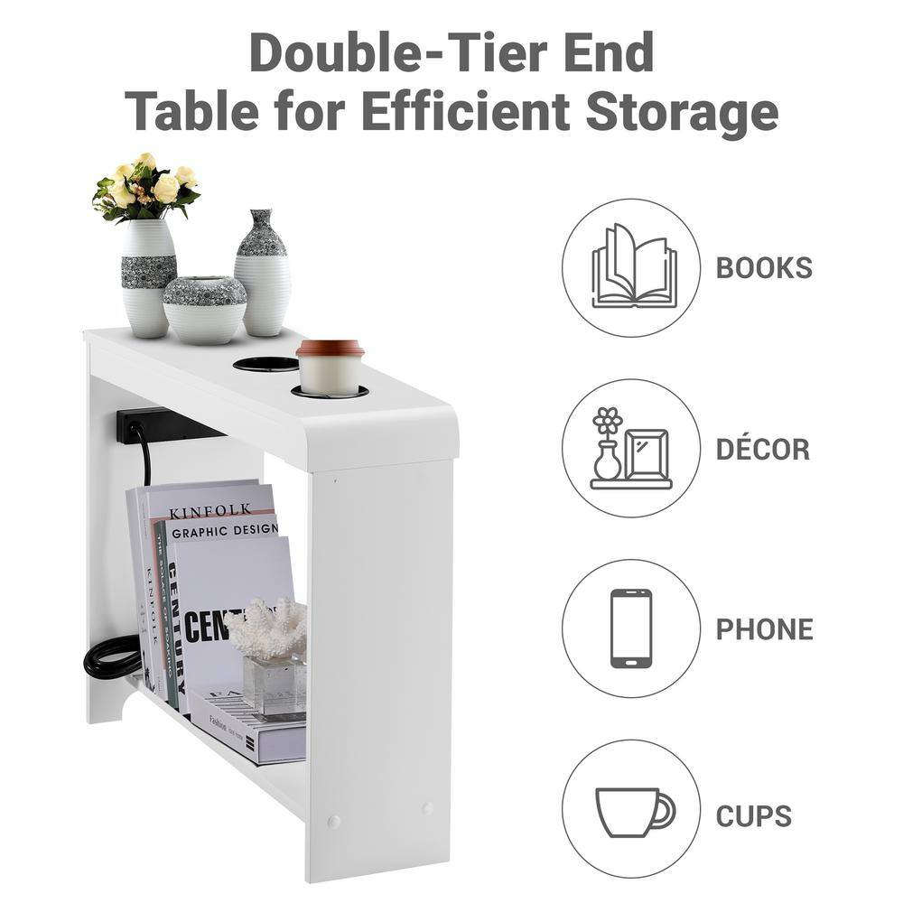 White End Table with Charging Station, USB Ports &amp; Outlets, Narrow Side Table, C
