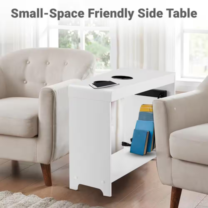 White End Table with Charging Station, USB Ports &amp; Outlets, Narrow Side Table, C