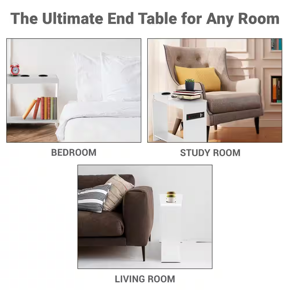 White End Table with Charging Station, USB Ports &amp; Outlets, Narrow Side Table, C