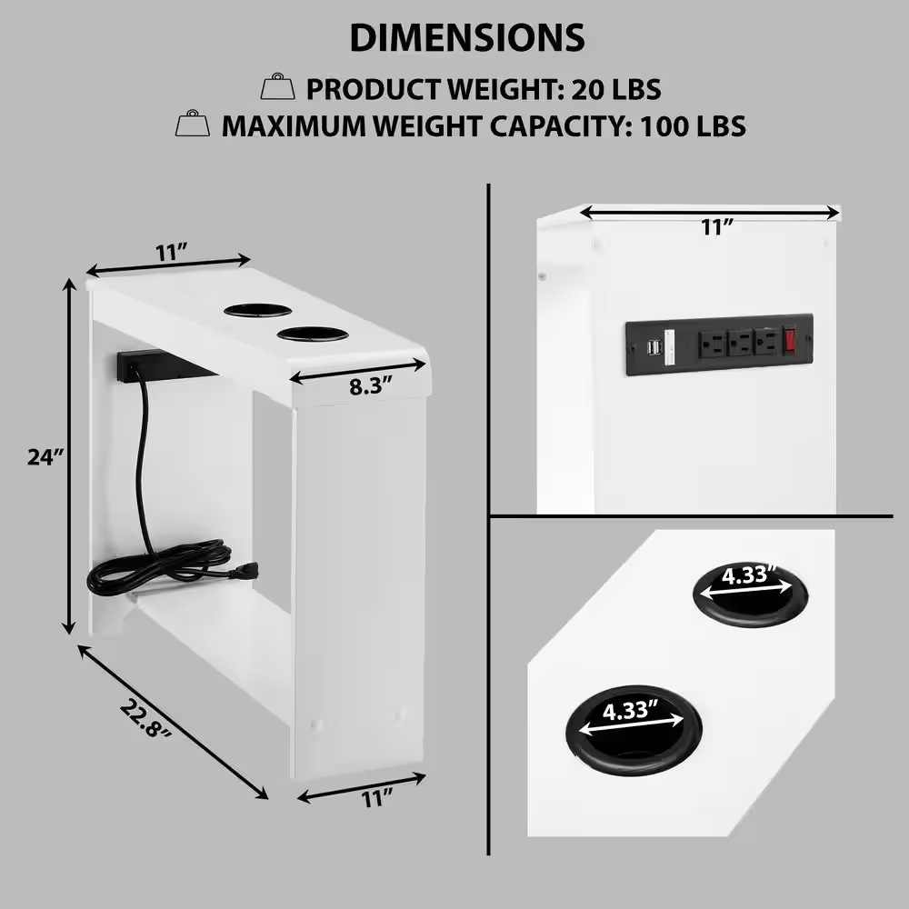 White End Table with Charging Station, USB Ports &amp; Outlets, Narrow Side Table, C
