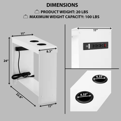 White End Table with Charging Station, USB Ports &amp; Outlets, Narrow Side Table, C