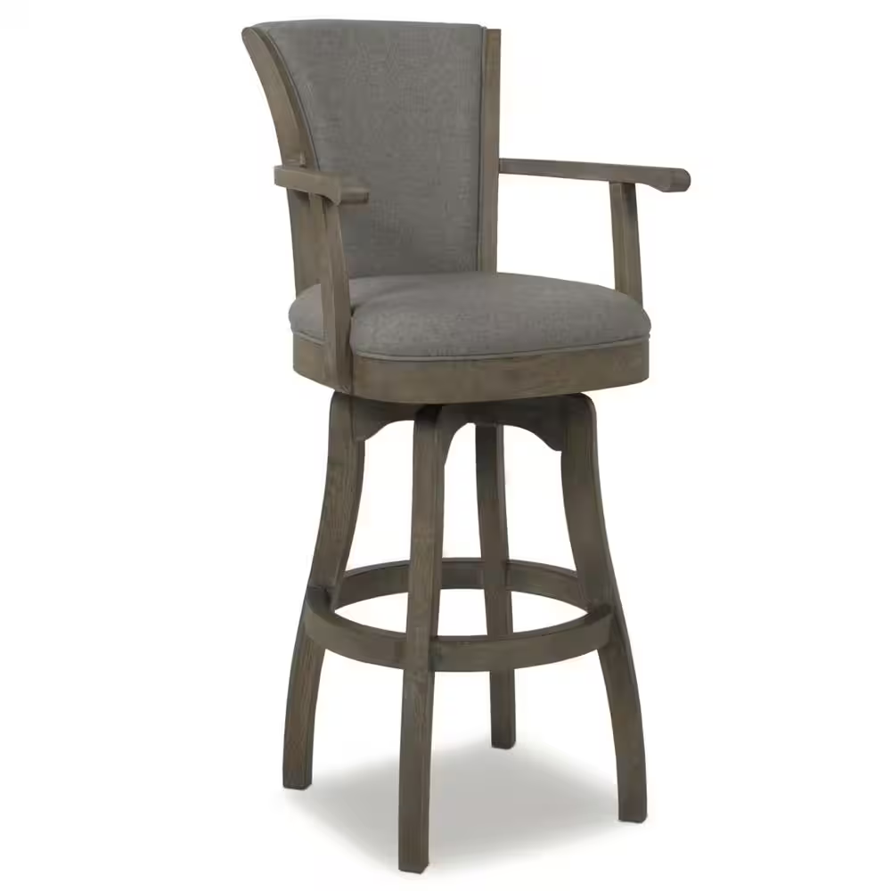 Williams 31 In. Grey Linen Modern Rustic High Back Swivel Bar Stool with Armrest