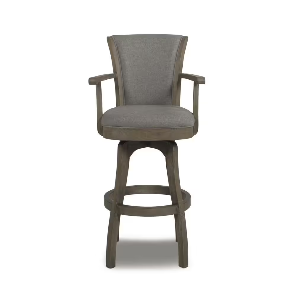 Williams 31 In. Grey Linen Modern Rustic High Back Swivel Bar Stool with Armrest
