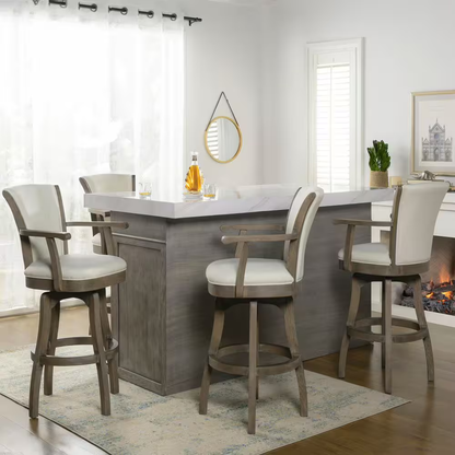 Williams 31 In. Grey Linen Modern Rustic High Back Swivel Bar Stool with Armrest