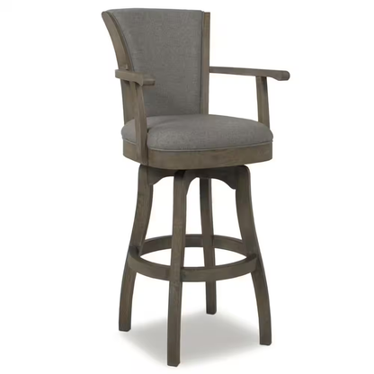 Williams 31 In. Grey Linen Modern Rustic High Back Swivel Bar Stool with Armrest