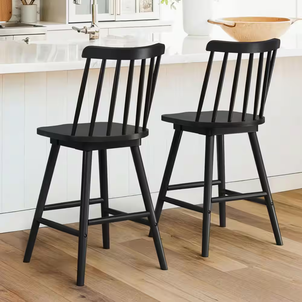 Windsor 24 In. Black Swivel Counter Stools Solid Wood Counter Height Bar Stools 